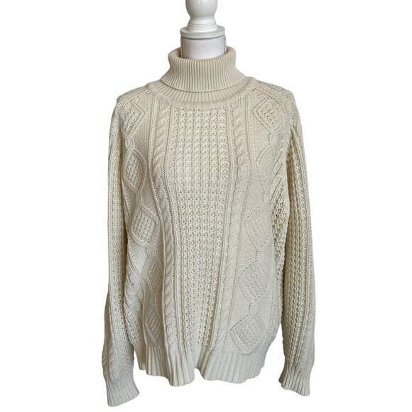 American Weekend Chunky Cable Turtleneck Sweater Womens XL Ivory Cream Fisherman - Picture 1 of 10